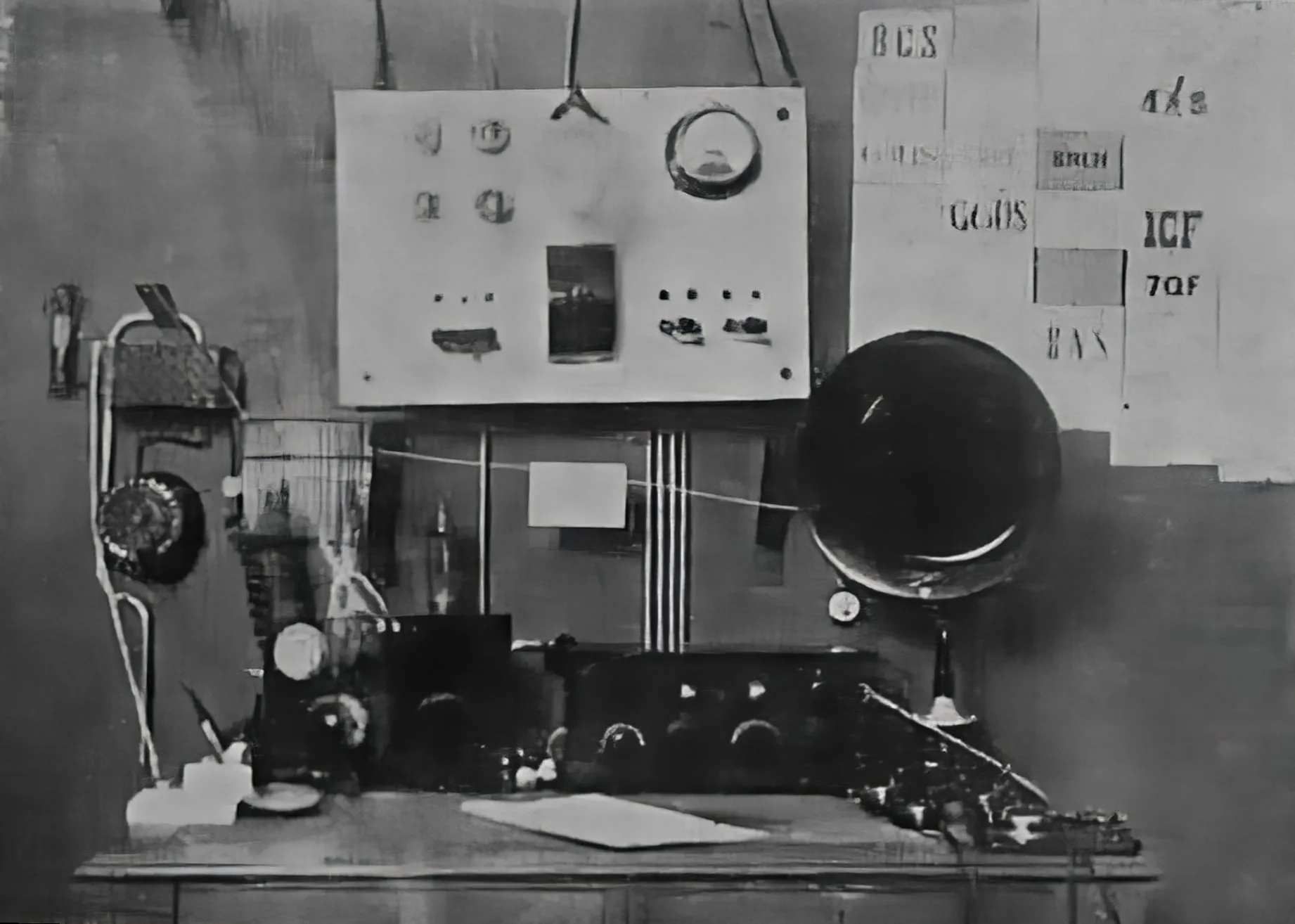 Vanha radioamatööriasema, nuppeja ja mittareita, vieressä ilmoitustalu, jolla 3-merkkisiä lyhyenteitä sisältäviä lappuja